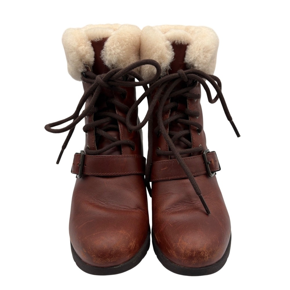 UGG Wedge Boots Womens 6 Brown Good Waterproof‎ Shearling Lace Up Leather